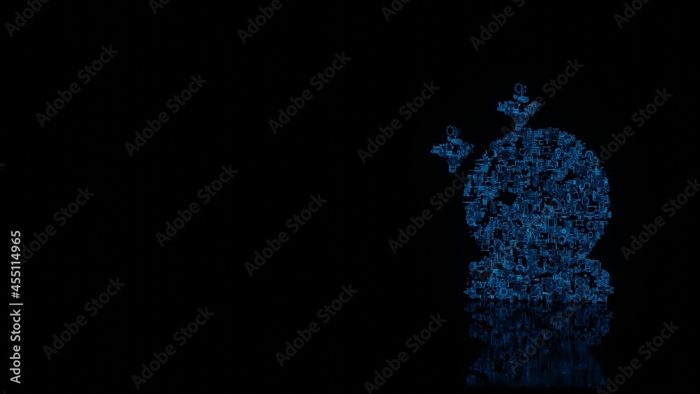 3d rendering mechanical parts in shape of symbol of magic ball isolated on black background with floor reflection 3d rendering mechanical parts in shape of symbol of magic ball isolated on black background with floor reflection