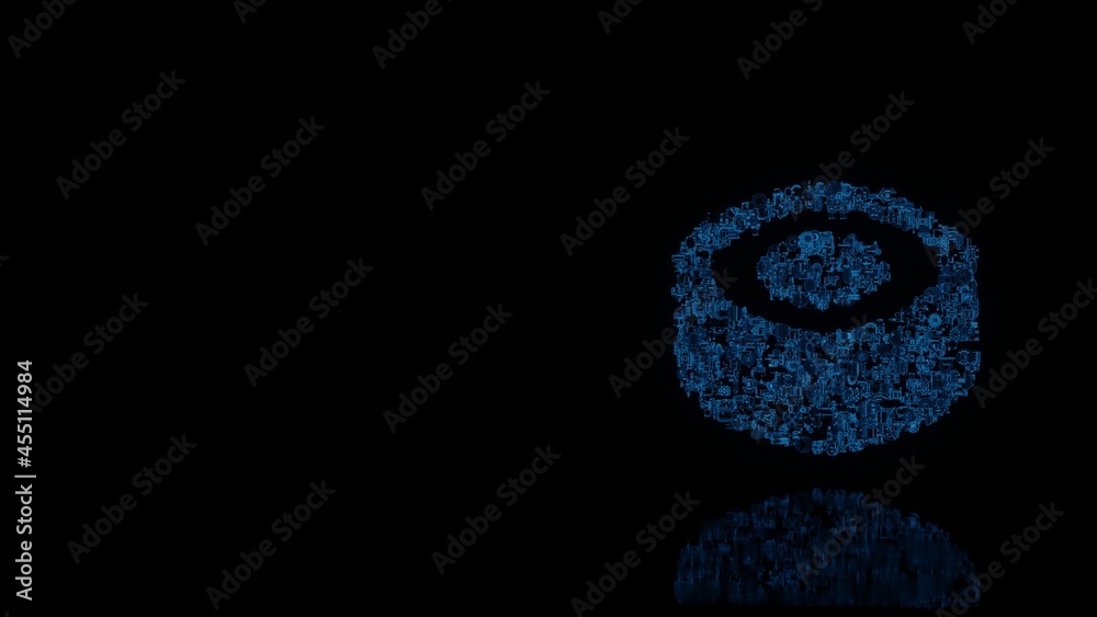 3d rendering mechanical parts in shape of symbol of maki isolated on black background with floor reflection 3d rendering mechanical parts in shape of symbol of maki isolated on black background with floor reflection
