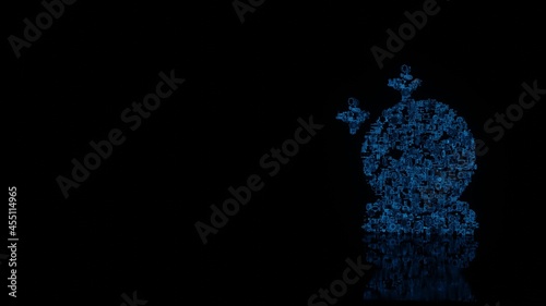 3d rendering mechanical parts in shape of symbol of magic ball isolated on black background with floor reflection