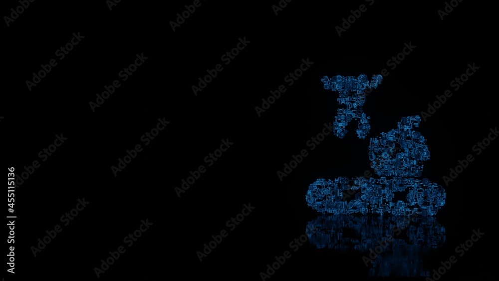3d rendering mechanical parts in shape of symbol of mechanical arm isolated on black background with floor reflection