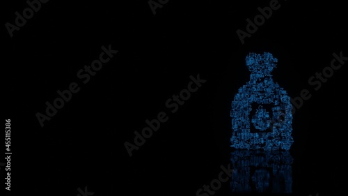 3d rendering mechanical parts in shape of symbol of oil isolated on black background with floor reflection