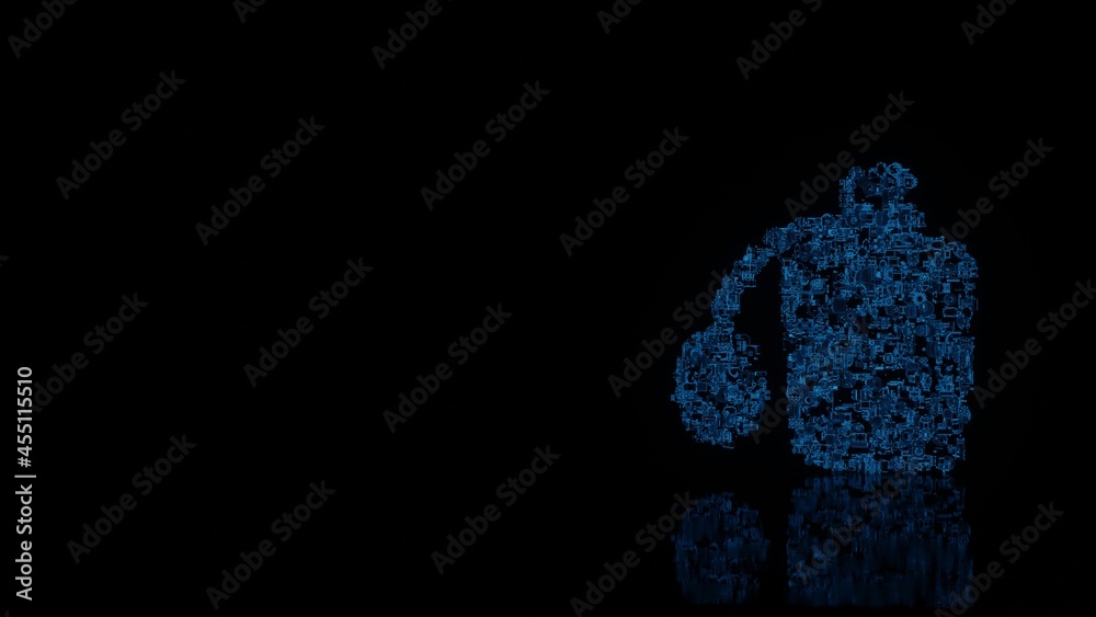 3d rendering mechanical parts in shape of symbol of perfume isolated on black background with floor reflection