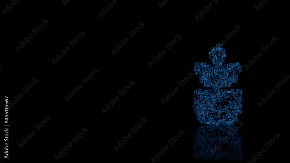 3d rendering mechanical parts in shape of symbol of plant isolated on black background with floor reflection 3d rendering mechanical parts in shape of symbol of plant isolated on black background with floor reflection