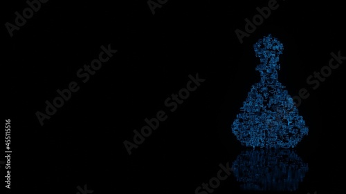 3d rendering mechanical parts in shape of symbol of perfume bottle glass isolated on black background with floor reflection