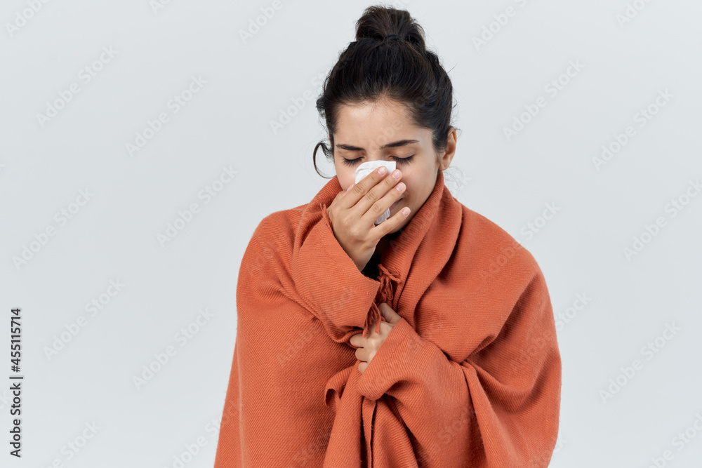 Fototapeta premium woman with handkerchief treatment cold infection
