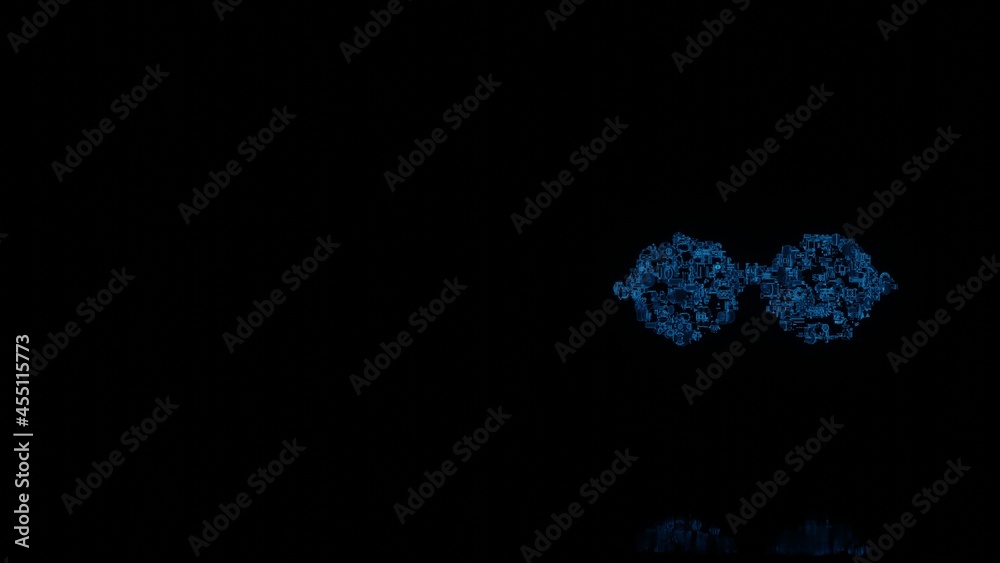 3d rendering mechanical parts in shape of symbol of round glasses isolated on black background with floor reflection 3d rendering mechanical parts in shape of symbol of round glasses isolated on black background with floor reflection