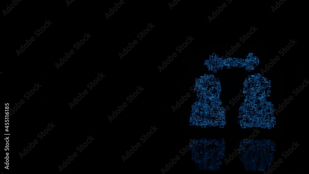 3d rendering mechanical parts in shape of symbol of social distance isolated on black background with floor reflection 3d rendering mechanical parts in shape of symbol of social distance isolated on black background with floor reflection