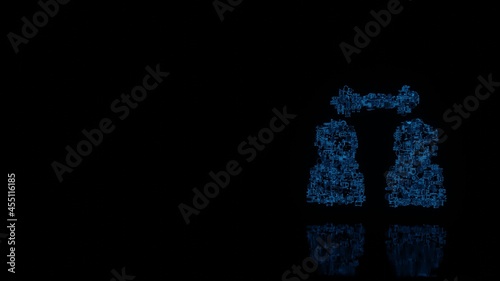 3d rendering mechanical parts in shape of symbol of social distance isolated on black background with floor reflection