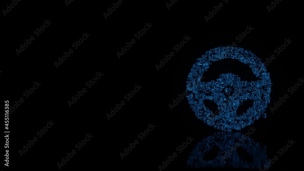 3d rendering mechanical parts in shape of symbol of steering wheel isolated on black background with floor reflection 3d rendering mechanical parts in shape of symbol of steering wheel isolated on black background with floor reflection