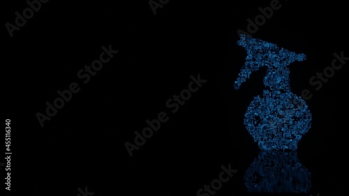 3d rendering mechanical parts in shape of symbol of spray bottle isolated on black background with floor reflection