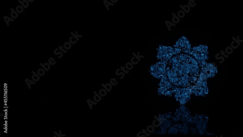 3d rendering mechanical parts in shape of symbol of sunflower isolated on black background with floor reflection