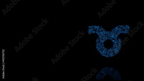 3d rendering mechanical parts in shape of symbol of taurus zodiac isolated on black background with floor reflection