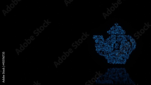 3d rendering mechanical parts in shape of symbol of teapot isolated on black background with floor reflection
