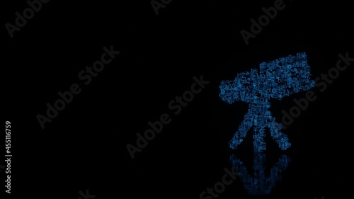 3d rendering mechanical parts in shape of symbol of telescope isolated on black background with floor reflection