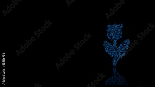 3d rendering mechanical parts in shape of symbol of tulip isolated on black background with floor reflection