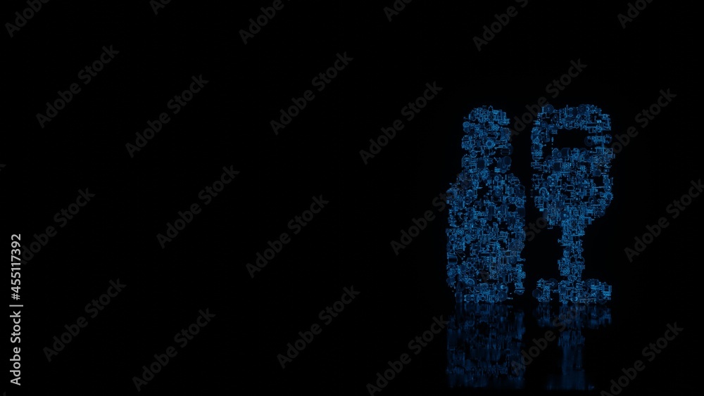 Obraz premium 3d rendering mechanical parts in shape of symbol of wine isolated on black background with floor reflection