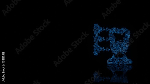 3d rendering mechanical parts in shape of symbol of 3d print stomatology isolated on black background with floor reflection