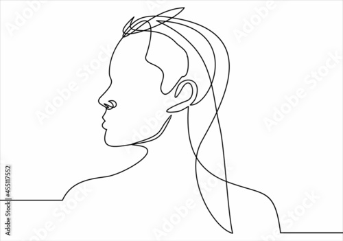 Continuous one line drawing. Abstract portrait of romantic woman face. Vector illustration.