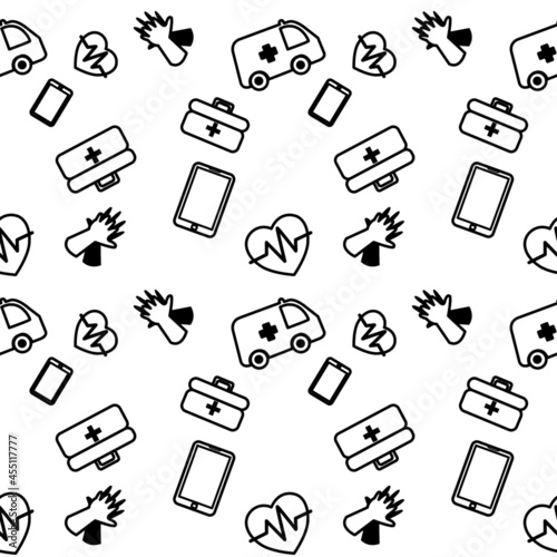 Seamless pattern with  emergency first aid CPR step by step procedure on white background vector illustration.