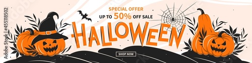 Halloween sale banner, seasonal promo offer discount poster for autumnal shopping. Pumpkins, cobwebs, spider and a bat. Vector illustration