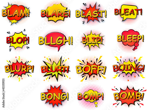 Comic speech bubbles set with different emotions and text