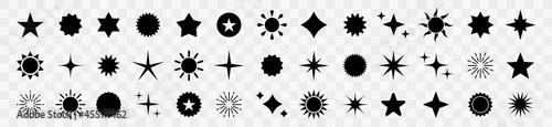 Star icons set. Line art collection with black stars. Bright stars isolated on transparent background. Christmas vector symbols. Vector Illustration.
