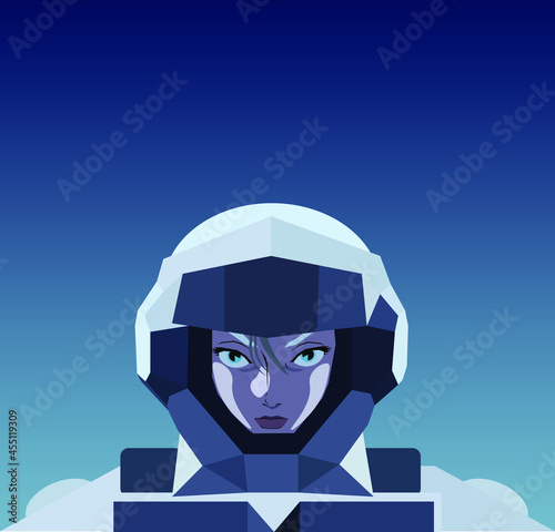 Vector illustration of a female anime style soldier in sci-fi military space helmet. Woman jet pilot, spec ops girl, female astronaut character concept. Copy space