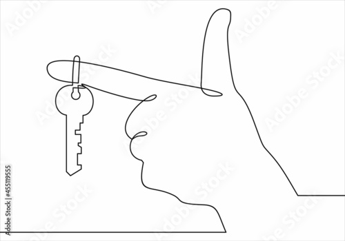 Continuous line drawing. The hand holds the keys to the car or apartment.