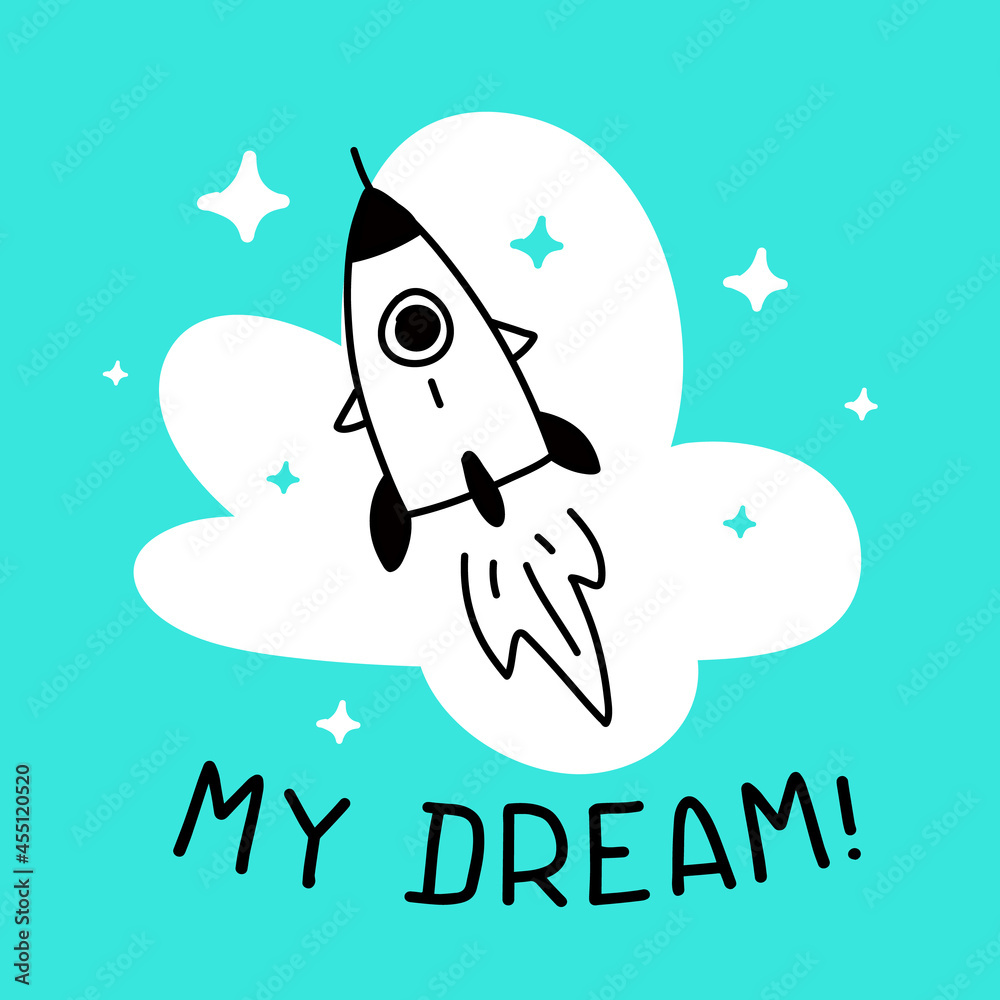 Obraz premium Vector Kid Space Illustration with Space Ship and Word on Blue Background, Line Art Style