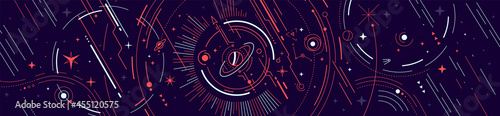 Fototapeta Naklejka Na Ścianę i Meble -  Vector horizontal abstract red and blue space illustration with star, planet and line