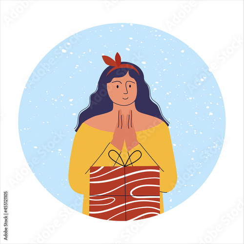 The woman rejoices at the present. Vector illustration.