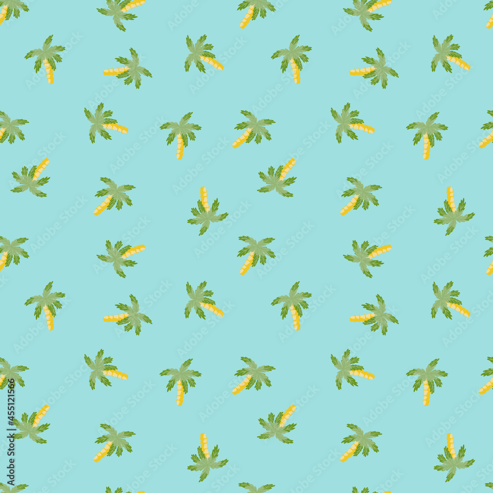 Decorative summer travel seamless pattern with green random palm tree print. Blue background. Decorative summer travel seamless pattern with green random palm tree print. Blue background.