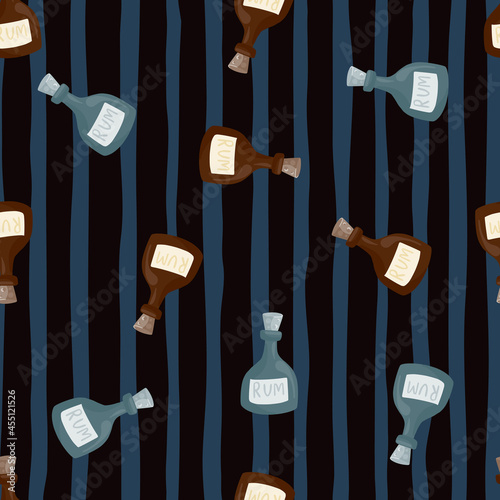 Random seamless patternn with doodle rum bottle shapes print. Dark blue striped background. Abstract print. photo