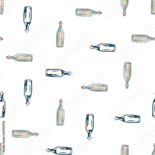 Isolated seamless pattern with grey and blue glass bottle with messages print. White background.