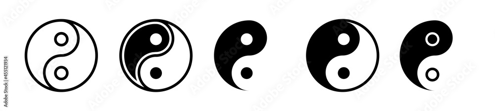 Yin yang icon set. Harmony and balance sign on white background. Black and white taoism symbol. Isolated vector illustration. Yin yang icon set. Harmony and balance sign on white background. Black and white taoism symbol. Isolated vector illustration.