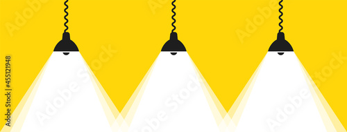 Lamp with white light flat banner or poster on yellow background. Place for your text. Vector illustration.
