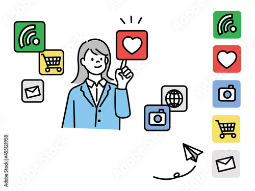 コミュニケーション、インターネット、SNSの繋がりを表すイラスト(ネットショッピング、テクノロジー、いいね) Illustrations showing communication, Internet, and SNS connections. net shopping, technology, likes.