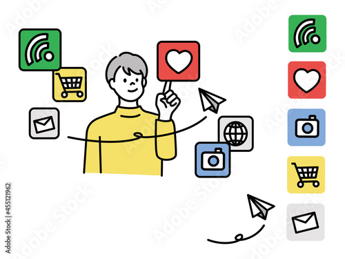 コミュニケーション、インターネット、SNSの繋がりを表すイラスト(ネットショッピング、テクノロジー、いいね) Illustrations showing communication, Internet, and SNS connections. net shopping, technology, likes.