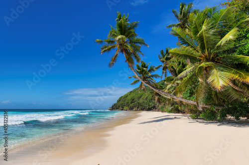 Fototapeta Naklejka Na Ścianę i Meble -  Coco palms on paradise Sunny wide beach with white sand and turquoise sea in tropical island. 