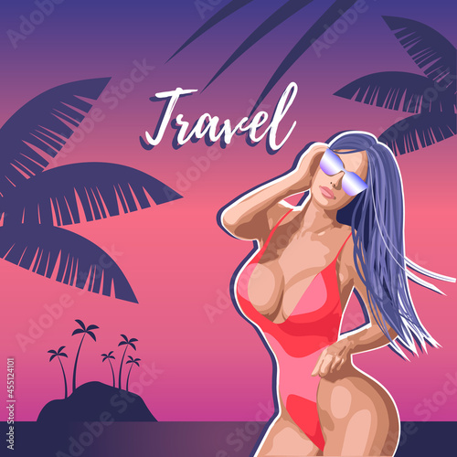 The concept of a postcard on a summer theme with summer attributes. Beach vacation, palm trees, tropics, girl, silhouette. A girl in a bikini on the beach. Vector illustration.