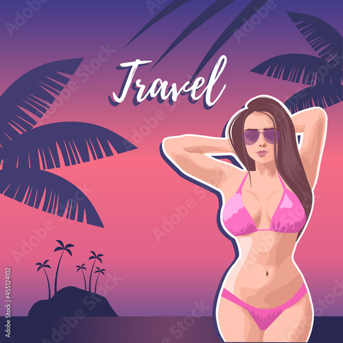 The concept of a postcard on a summer theme with summer attributes. Beach vacation  palm trees  tropics  girl  silhouette. A girl in a bikini on the beach. Vector illustration.