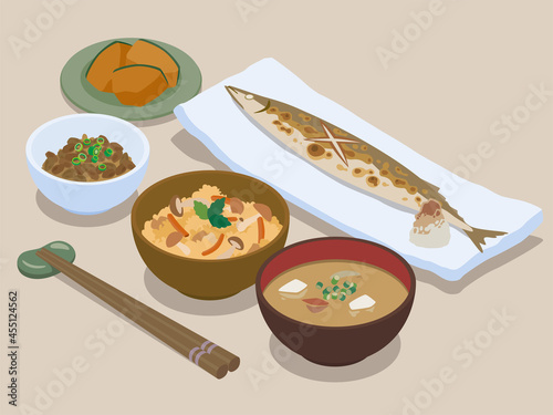 サンマの姿焼きの一汁三菜御膳のベクターイラスト素材