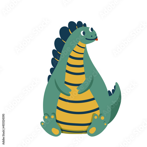 Cute baby fat dinosaur sitting on his ass and showing tongue, isolated on white background. Kid character dino monster for cool nursery prints
