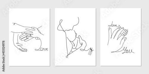Vector set of cards in one line art style with mother witn new born baby on hands, pregnant belly line art illustration