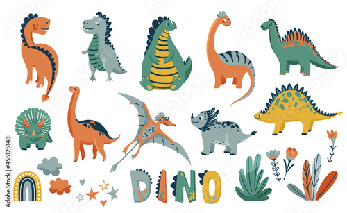 Dino cute vector illustration set with animal baby dinosaurs and design elements in flat cartoon scandinavian trendy style isolated on white background. Kid character monsters for cool nursery prints