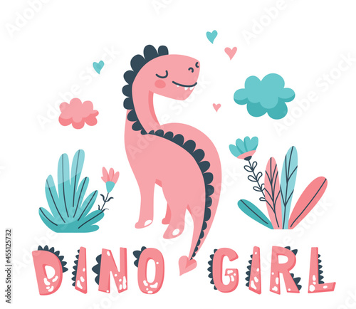 Cute dinosaur card vector illustration with animal baby and clouds, flowers, leaves, hearts, dino girl hand drawn text in flat cartoon scandinavian trendy style isolated on white background