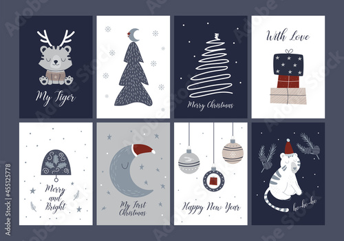 Merry Christmas cards holiday festive Illustration in hand drawn scandinavian style. Tiger greeting card funny jungle animal. Christmas and New Year 6 Cards Collection. Winter Holiday card templates.
