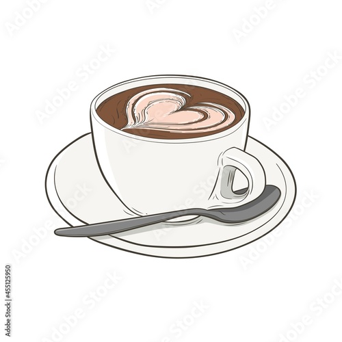 Cup of coffee with a heart. Latte art sketch. Vector illustration isolated on white background.