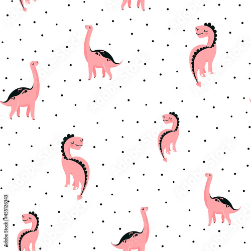 Cute pink dinosaurs seamless vector pattern with dots. Cool kid nursery dino print design in scandinavian style isolated on white background