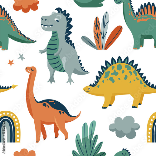 Cute dinosaurs seamless vector pattern with bright color dino, leaves, cloud, rainbow, star on white background. Cool kid nursery print design in scandinavian style